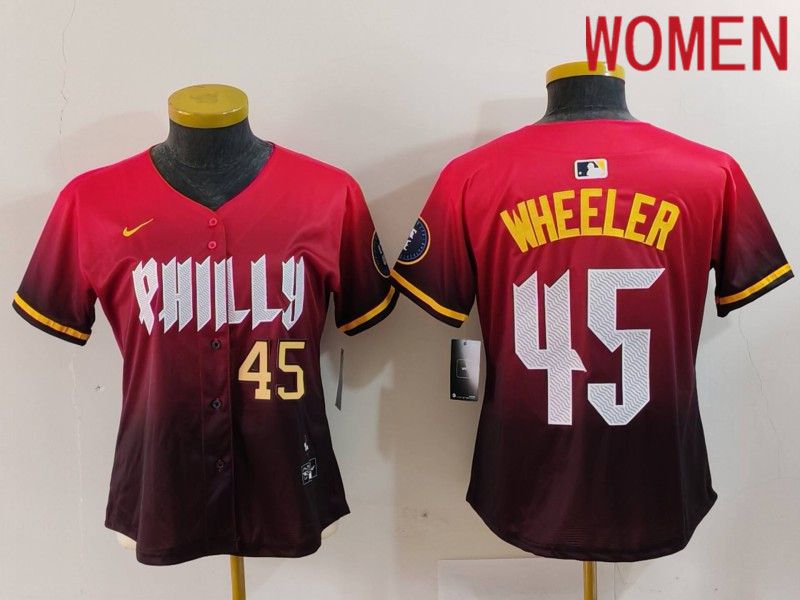 Women Philadelphia Phillies #45 Wheeler Red City Edition 2024 Nike MLB Jersey style 2->women mlb jersey->Women Jersey